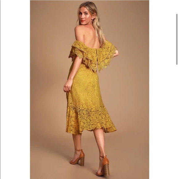 Lulu’s Jaclyn Golden Yellow Mustard lace Off-the-shoulder midi dress - Picture 6 of 7